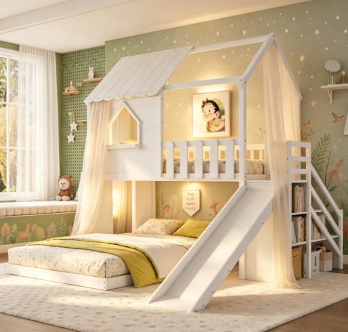 Image of Bellemave Bunk beds Twin Over Full with Slide,Storage Staircase,House roof Design,Low bunk /loft Bed for Kids，White