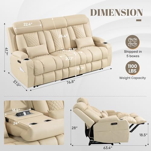 Image of Zero Wall Hugger Power Reclining Sofa with Adjustable Headrest, Electric Reclining Couch with Drop-Down Table,Outlets, Power Loveseat Recliner Sofa for Living Room,RV (Beige, 3 Seat)