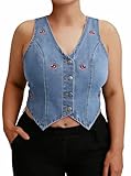 SOFIA'S CHOICE Women Plus Size Denim Vest Cherry Sleeveless V Neck Button Waistcoat Jean Vest Blue X-Large