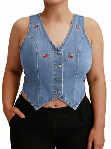 SOFIA'S CHOICE Women Plus Size Denim Vest Cherry Sleeveless V Neck Button Waistcoat Jean Vest Blue X-Large