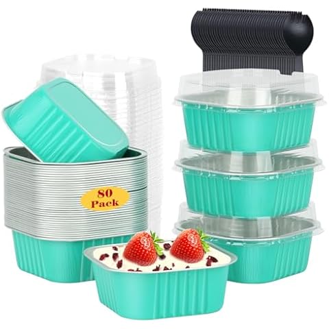 5oz/80pack Mini Cake Pans with Lids,LNYZQUS Aluminum Foil Cupcake Baking Cups Muffin Tin,Disposable Ramekins Small Cake Mini Brownie Baking Pan Cheesecake Containers -Cyan Blue Cover