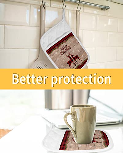 Christmas Reindeer Pot Holders With Pocket For Kitchen, Heat-Resistant Potholders Set Of 2, Hot Pads Oven Mitts With Hanging Loops For Home Cooking Baking Microwave, Farmhouse Wood Plaid #TOP6