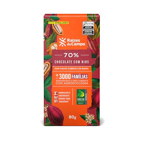 Raízes do Campo Chocolate Amargo 70% Cacau com Nibs, Barra de 80g, Sem Aromatizantes e Conservantes, Zero Lactose