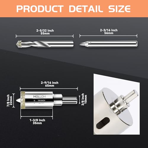 Image of MOLLOM 7 /8 inch (22mm) Diamond Hole Saw with 2 Pilot Drill Bit | Tile Hole Saw Smooth Cutting Porcelain Tiles,Ceramic,Marble,Granite