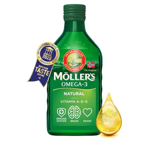 Möller's Omega 3 Lebertran | Nahrungsergänzung mit EPA, DHA, Vit A, D und E | Hochreiner natürlicher | 165 Jahre alte Marke | Superior Taste Award | Neutraler Geschmack | 250 ML