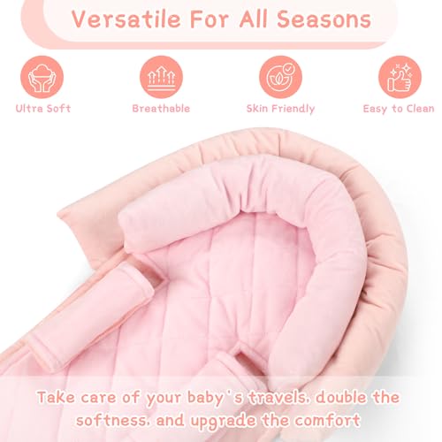 Image of Baby Car Seat Head Body Support & Strap Covers, 2 in 1 Infant Car Seat Insert, Reversible Soft Breathable Newborn Cushion Pads for Preemie, Perfect for Baby Carseats, Strollers, Swings (Light Pink)