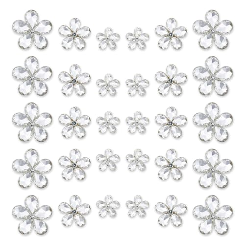 TANOSII 30 PCS Water Droplet Shaped Glass Rhinestones Flower Zinc Alloy Crystal Gems Flower for Jewelry Crafts Clothes Shoes Costume Garment Car Air Outlet Accessories White