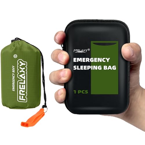 Frelaxy Emergency Sleeping Bag 1-Pack/2-Pack, Extra-Thick Compact Survival Bivy with Whistle, Storage Pouch, and EVA case, Perfect for Survival Kits (Army Green - 1 Pack)
