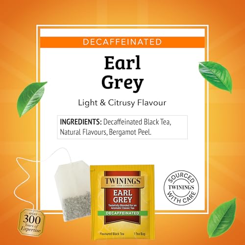 Image of Twinings Decaffeinated Earl Grey Black Tea Individually Wrapped Bags, 20 Count (Pack of 2), Flavoured with Citrus and Bergamot, Enjoy Hot or Iced, 20 Teabags