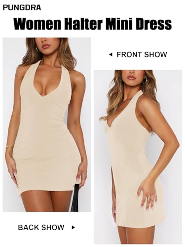 Image of Women's Sexy Halter V Neck Mini Dress for Women Summer Slim Fit Going Out Club Party Bodycon Short Dresses