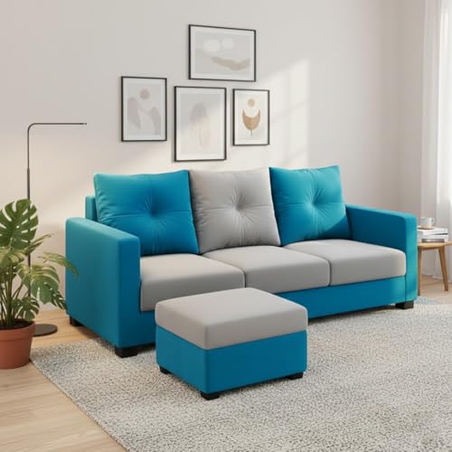 Image of FURNY Amonster 4 Seater L Shape Sofa Set with Movable Ottoman | Flexible Left or Right Layout | Plush Velvet Fabric (Aqua Blue-Light Grey) | Perfect for Living Room, Guest Room & Office