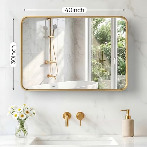 Image of NEWBULIG 30 inchx40 inch Wall Mirror, Bathroom Mirrors for Over Sink, Gold | Matte Metal Framed Vanity Mirror with Tempered Glass, Entryway, Living Room, Bedroom