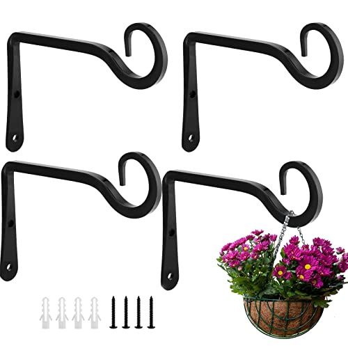 HAKZEON 4 Stück Wandhaken zum Aufhängen von Pflanzen, Metall, Schmiedeeisen, Wandbehangkorbhalterungen, schwarzer Hängekorbständer für Vogelfutterspender, Pflanzgefäße, Laternen, Windspiele Cover
