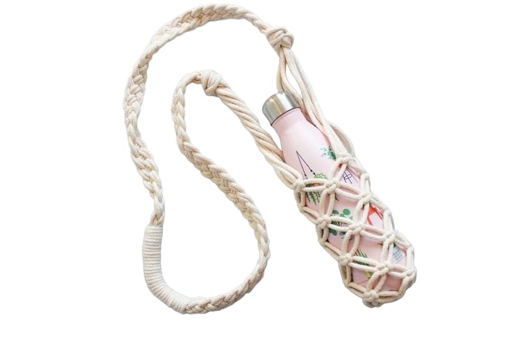 ZZARA Water Bottle Bag Drink Carrier Holder Cross Body Macrame Water Bottle Hanger Wine Water Bottle Hanger Boho Macrame Festival Accessory Cotton Crochet Crossbody Water Bottle Holder Ivory Color-image-9