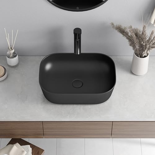 Eridanus Badezimmer Aufsatzwaschbecken, rechteckiges Waschbecken für die Arbeitsplatte, vitreous China quadratisches Keramikwaschbecken für WC, Matte Schwarze Ausführung - 465 x 325 x 135 mm