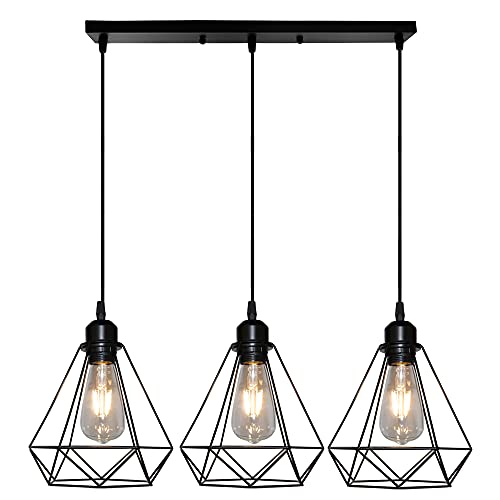 PETITES ECREVISSES Vintage Araña en Forma de Diamante Lámpara de Techo Colgante Retro Industrial E27 3 Luces Iluminación Cocina Comedor Sala de estar Restaurante, Negro