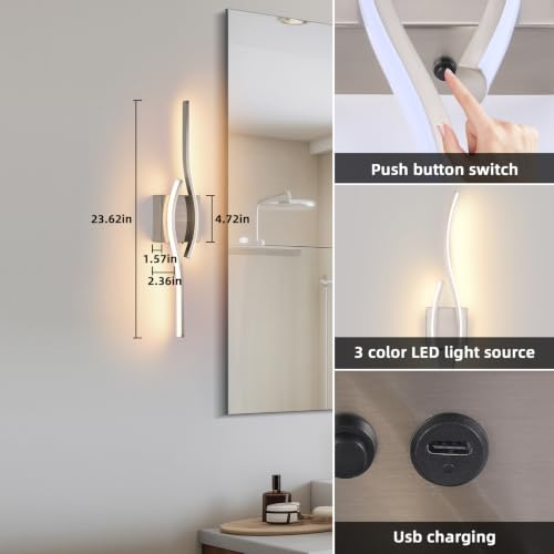 Image of Battery Operated Wall Sconce, Brushed Nickel USB Rechargeable Wireless Sconces set of 2, LED Dimming Wall Lamp 3 Color /Timer /Memory, Silve 23.6 Inch Wall Lights for Bedroom Living Room Hallway