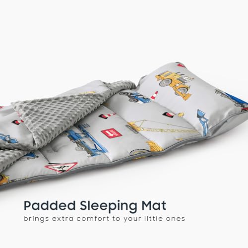 Image of Wake In Cloud - Toddler Nap Mat with Pillow and Minky Fleece Blanket, for Kids Boys Ages 3 Plus in Daycare Preschool Kindergarten, Roll Up Sleeping Bag, Construction Trucks