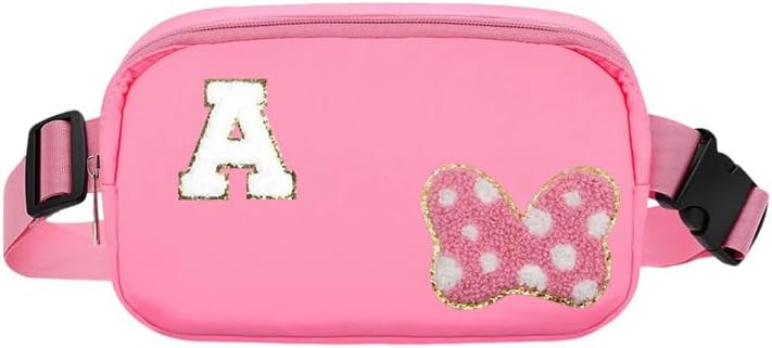 Chenille Initial Letter Bow Mouse Fanny Pack, Waterproof Park Crossbody Bag Christmas Birthday Gifts for Teen Girls Daughter Women Kids Adults Cute Belt Bag(A, Pink)
