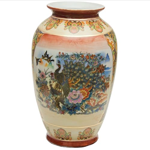 Oriental Furniture Satsuma Vase Tung Chi en Porcelaine Motif Paon Multicolore 35,6 cm