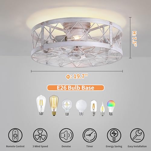 Flush Mount White Caged Ceiling Fan with Light, 20" Small Bladeless Ceiling Fan and Remote, Rustic Low Profile Ceiling Fans 4-Speed Reversible Enclosed Ceiling Fans for Bedroom Kitchen Farmhouse - Image 2