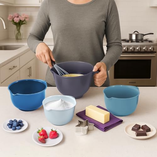 Glad Mixing Bowls with Pour Spout, Set of 4 - Nesting Plastic Bowls (1.2qt, 1.9qt, 2.8qt, and 3qt with Handle) - Non Slip Base, Dishwasher Safe Kitchen Cooking and Baking Supplies, Blue - image 3