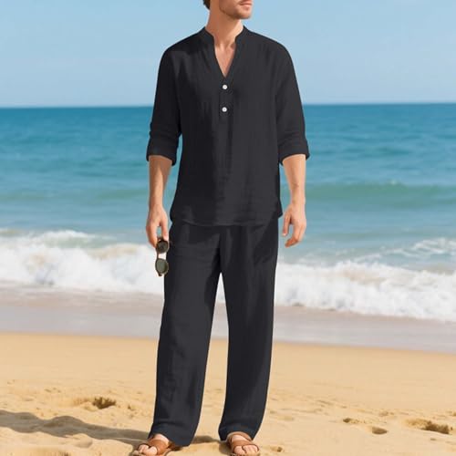 Men's Linen 2-Piece Suit Set Stand Collar Solid Casual Fashion Botton Up Shirt Breathable Long Pants Beach Sets4