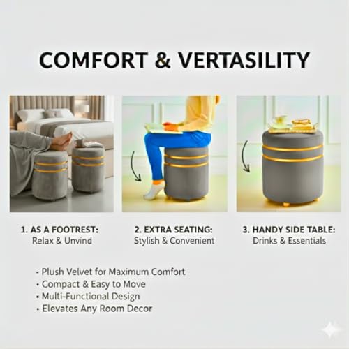 Image of Decorative Ottoman Pouffes for Sitting - Two-Piece Set of Puffy Stools and Footstools - Round Ottoman Stool for Living Room Furniture (Grey)
