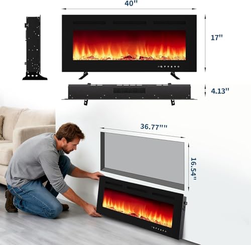 40 Inch Recessed & Wall Mounted Electric Fireplace - Low Noise Heater (750/1500w) with Remote Control, Touch Screen, Timer & Adjustable Flame Color/Brightness for Living Room Bedroom - Image 2