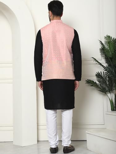 Image of SOJANYA (Since 1958 Men's Cotton Linen Maroon Kurta and White Pyjama with Mustard Cotton Nehru Jacket