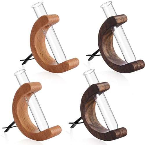 Datanly 4 Pcs Mini Glass Car Flower Vase Clip Holder Car Propagation Vase Vent Clip Plant Holder Auto Glass Tube for Plants Decor Wooden Ornament Decorations Accessories (Mixed Wood Color)