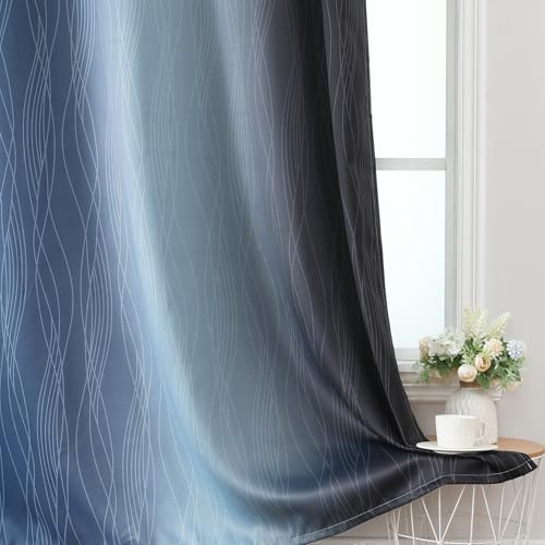Estelar Textiler Navy Blue and Black Ombre Blackout Curtains 63 Inches Long, Full Room Darkening Grommet Curtains for Bedroom, Thermal Insulated Light Blocking Gradient Drapes, 42Wx63L, 2 Panels