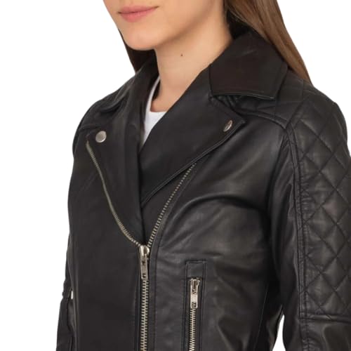 Classic Faux Leather Motorcycle Jacket, Black, Asymmetrical Zip Front, Multiple Pockets, Quilted Details4