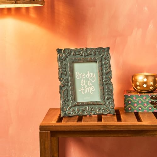 Image of Chumbak Victorian Jharoka Hand-Carved Resin Photo Frame Small | Green Teal | Table & Wall Display | Boho Home Decor | Fits 4x6 Photo | Unique Housewarming & Birthday Gift