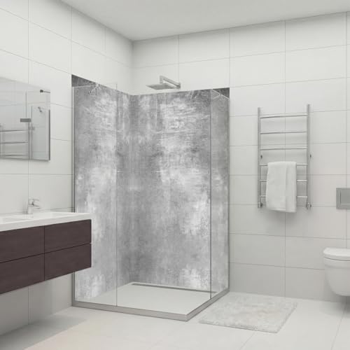 Dedeco - Dos de douche d'angle imperméable Motif : béton V3 vernis UV brillant, 2 x 90 x 200 cm, remplacement de carrelage pour salle de bain, comme paroi décorative, revêtement mural en aluminium