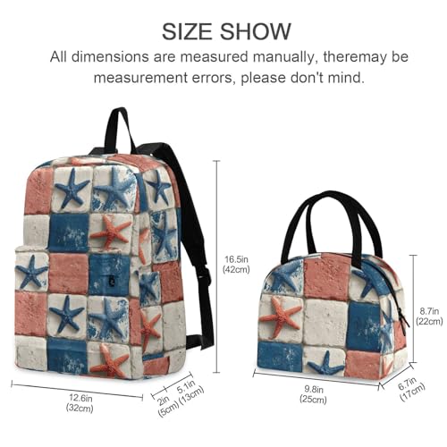 Starfishes Checkered Print Backpack Set with Lunch Bag, Large Capacity Travel Backpacks and Lunch Box Insulated for Commute Hiking Picnic2