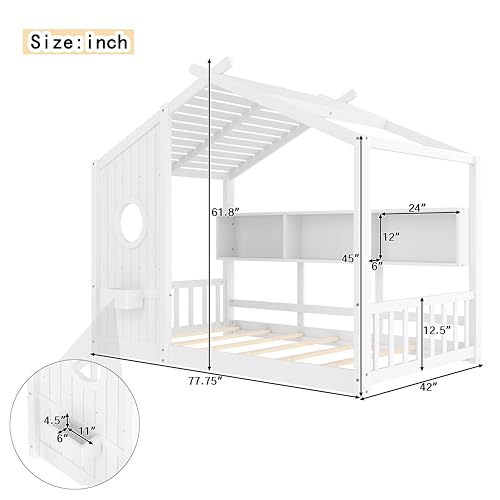 Image of Twin Size Floor House Bed with Roof and Window for Kids, Wooden Playhouse Bed with Storage Shelves for Bedroom Furniture Girls & Boys (White /L2, Twin)