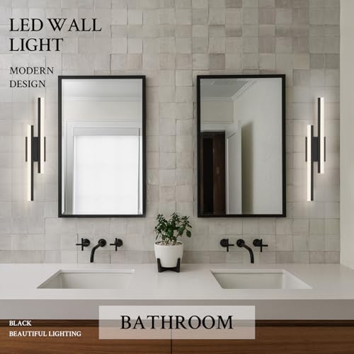 Image of LED Wall Sconce Set of 2 Black Remote Modern LED Vanity Lights Set of 2 Indoor Wall Light Fixtures for Living Room, Dimmable Wall Sconce for Bedside Bedroom Bathroom, L23.6inch 2 Pack