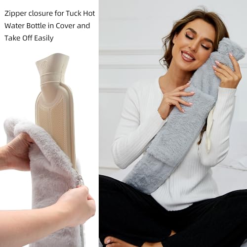Wärmflasche Lang mit Bezug, Groß Gummi Wärmeflasche Lange Warmflaschewarmflasche Warm mit Flauschig Hände Bezug, 72cm Extra Länglich Wärmeflaschen XXL 2 Liter Warmflasche für Die Periode, Grau