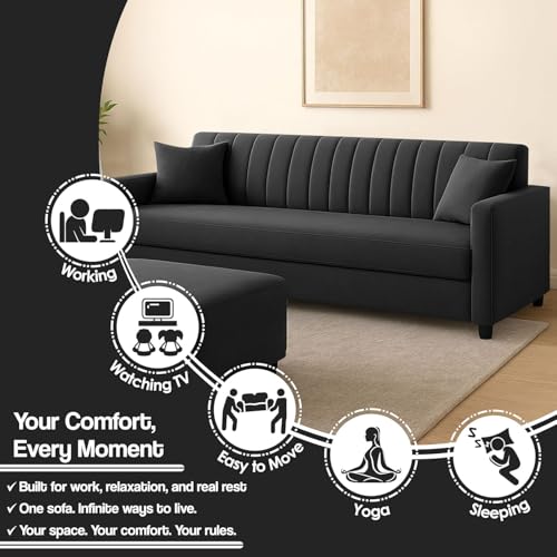 Image of 3 + 2 Seater Sofa Set Wooden Velvet Fabric 5 Seater Sofa Set & Ottoman Stylish, Comfortable Seating & Space Saving Design for Home & Office - Black