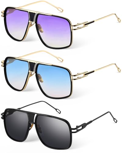 Image of Frienda 3 Pairs Retro Sunglasses for Men Oversized Men Shades Glasses Fashion Alloy Metal Gold Frame Polarized Sun Glasses
