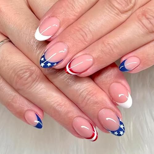 Image of Independence Day Press on Nails French Tip Fake Nails Short Almond False Nails with Star Design Glossy Glue on Nails Artificial Acrylic Full Cover Nude Stick on Nails for Women Girls Manicure 24Pcs
