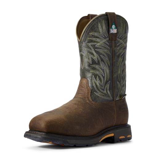 Image of ARIAT BMVY9 Mens WorkHog Wide Square Toe CSA MetGuard Composite Toe Work Boot Ridge Brown/Moss Green 10.5