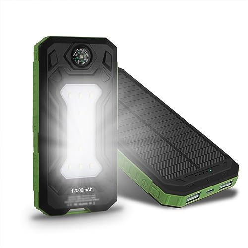 WTHOME Solar Power Bank 12000mAh Solar Charger with Camping Lights, Compass, Universal Power Bank Is Easy to Carry,Green