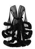 Yexinbridal Tulle Feather Robe Sexy Sheer Mesh Fur Bridal Illusion Boudoir Bathrobe Nightgown Christ