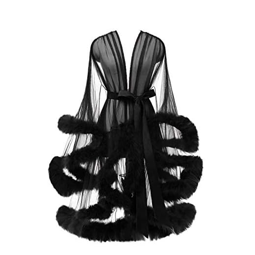 Yexinbridal Tulle Feather Robe Sexy Sheer Mesh Fur Bridal Illusion Boudoir Bathrobe Nightgown Christmas Lingerie Black L/XL