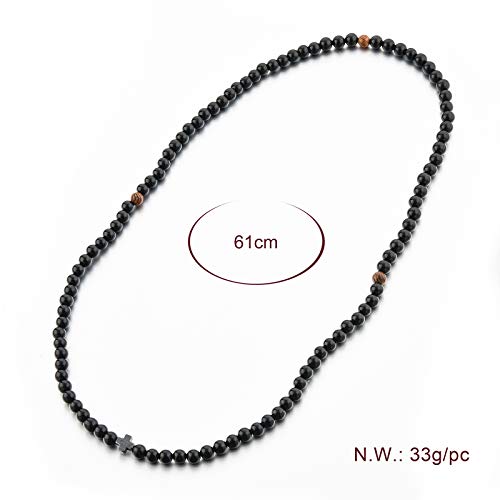Christian Prayer Beads Rope Bracelet – 100 Black Glass Beads + 3 Wooden Beads + Hematite Cross – Women Men – 6 MM Black Glass 100 Bead3