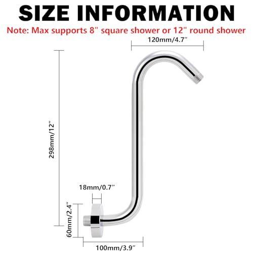 Image of NearMoon S Shaped Shower Head Riser Arm, Shower Extender Arm with Flange, Standard 1 /2 inch Connection- Bathroom Accessory (12 Inch, Chrome)