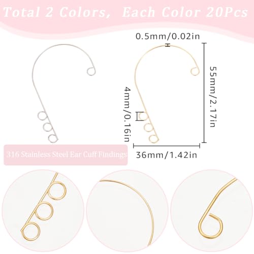 SUNNYCLUE 40Pcs Ear Wrap Earrings Non Pierced Wraps Ears Cuffs Gold Silver 316 Surgical Stainless Steel Earring Components with 4 Loops for Earring Backs Findings jewellery Making Accessories Women DI - Image 2