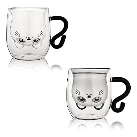 DONGSHANGIFT 2er-Set süße Katzentassen,Süße Katze Teetasse,250ml doppelwandiges Glas Cover